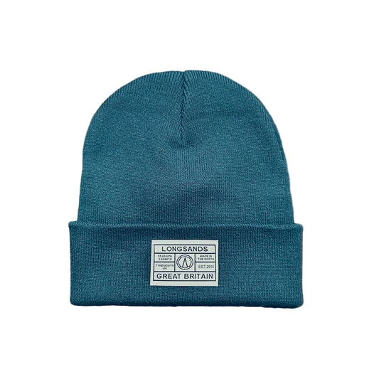 Blue beanie with a label