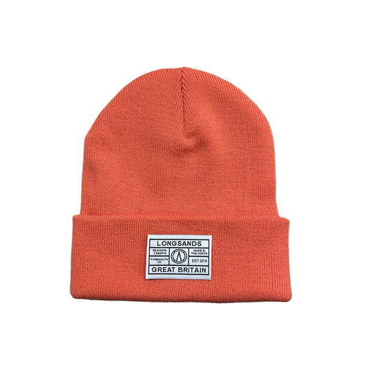 Coral beanie with a label