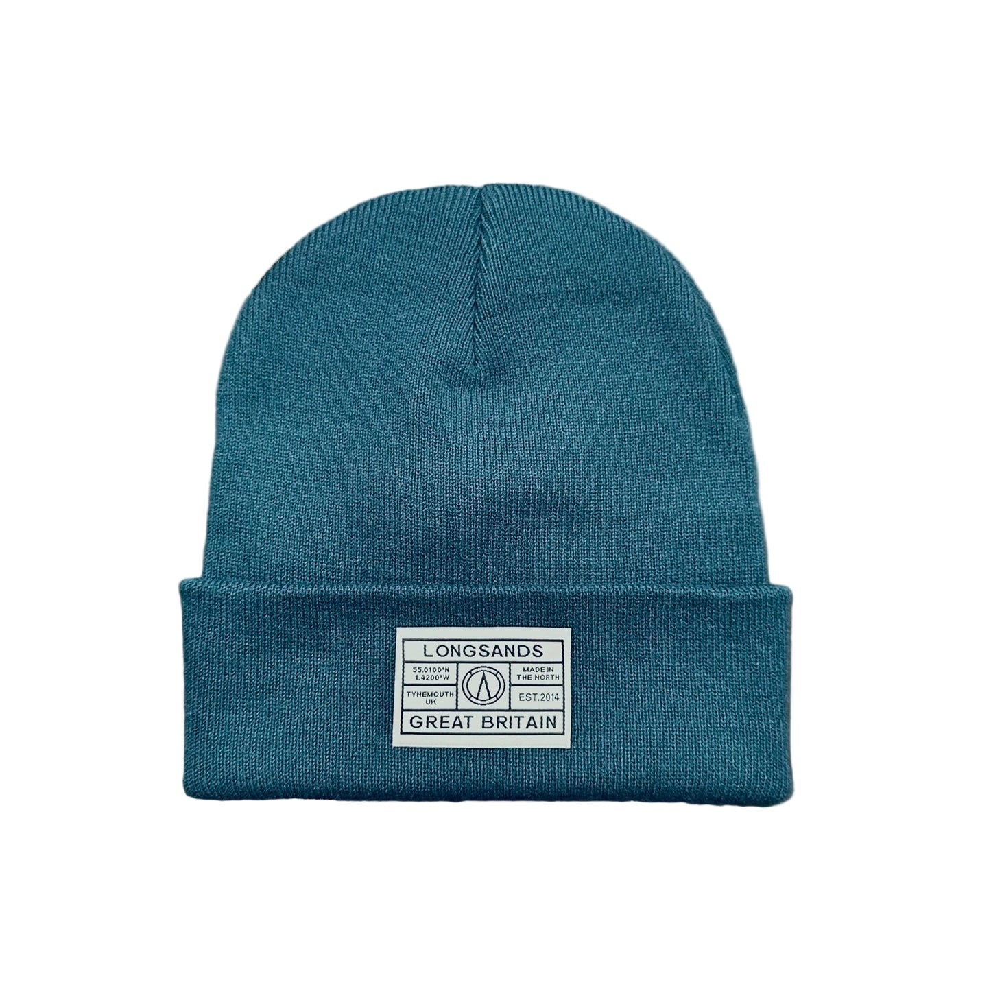 Blue beanie with a label
