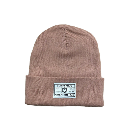 Pink beanie with a label