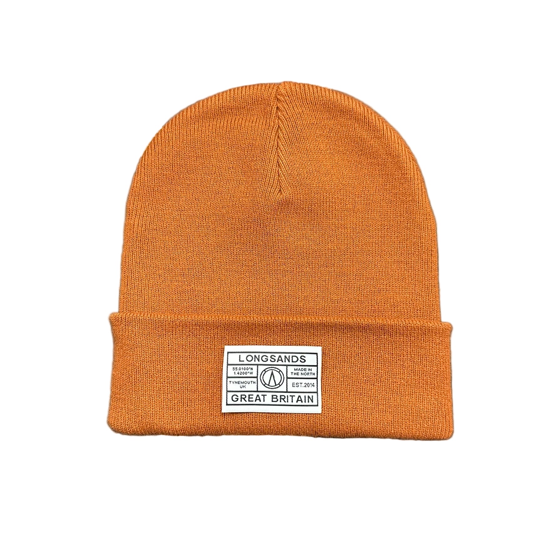 Orange beanie with a label