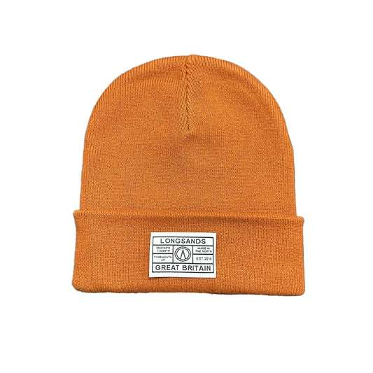 Orange beanie with a label