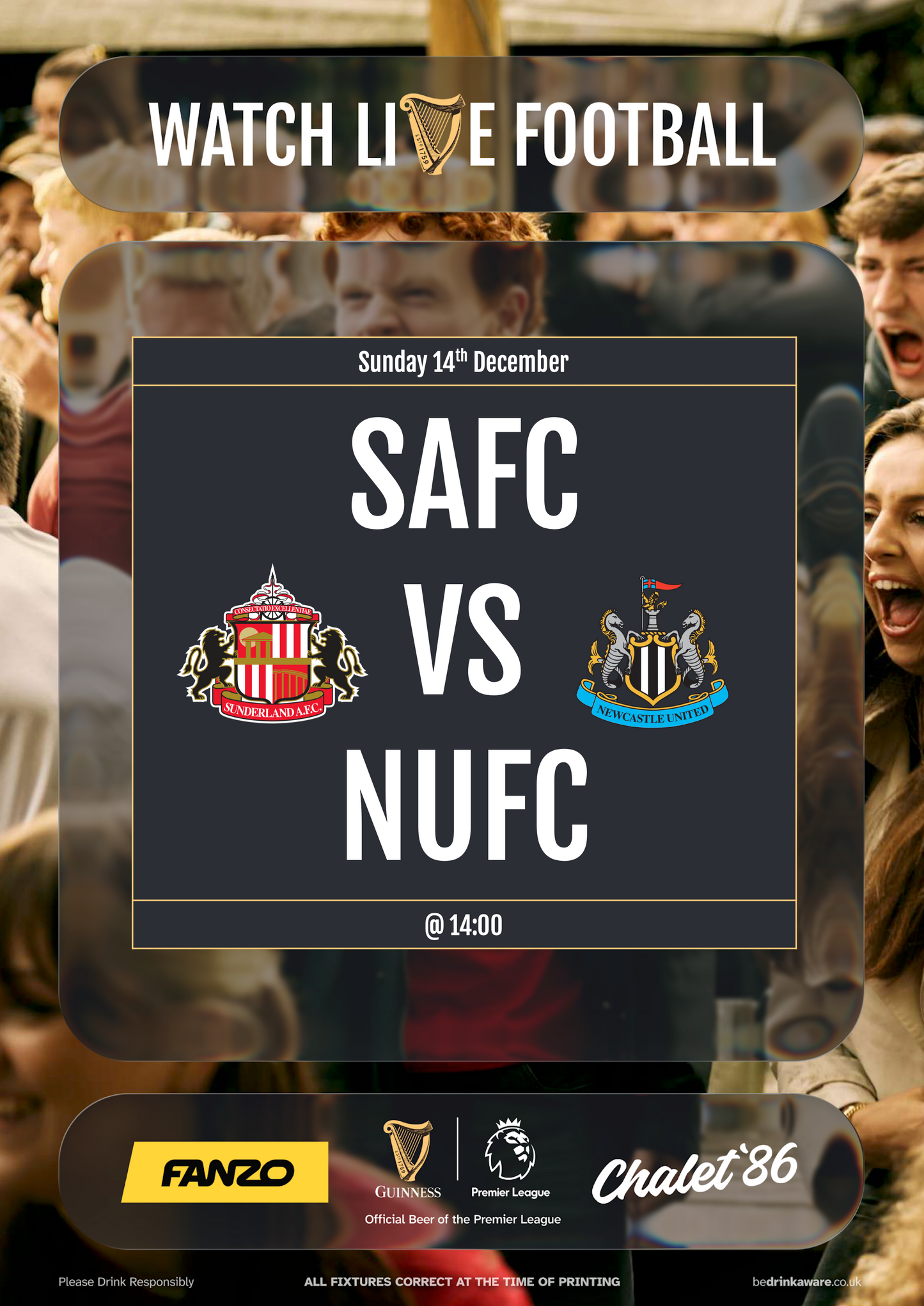 Chalet '86 Event - Sunderland v Newcastle (Sunday 14th December - 14:00)