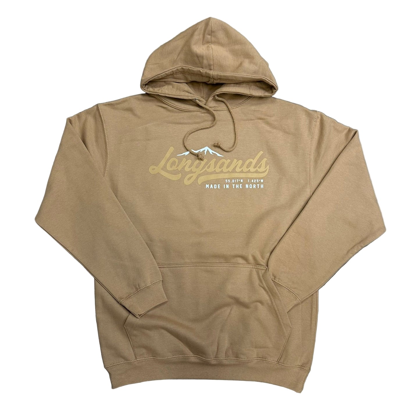 Caramel hoodie with 'Langlands' logo on a white background