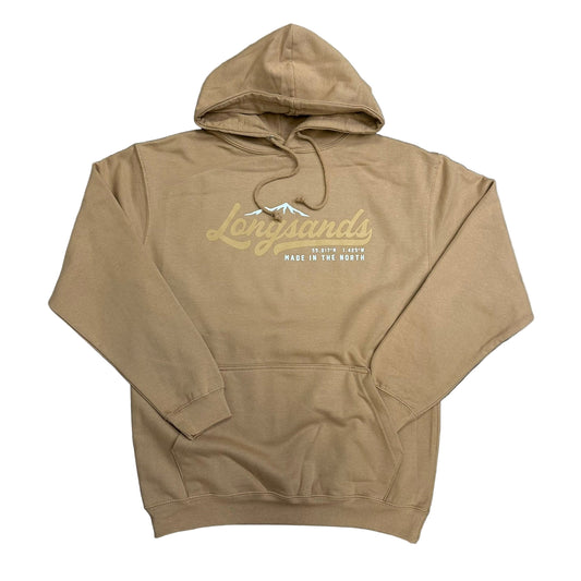 Caramel hoodie with 'Langlands' logo on a white background