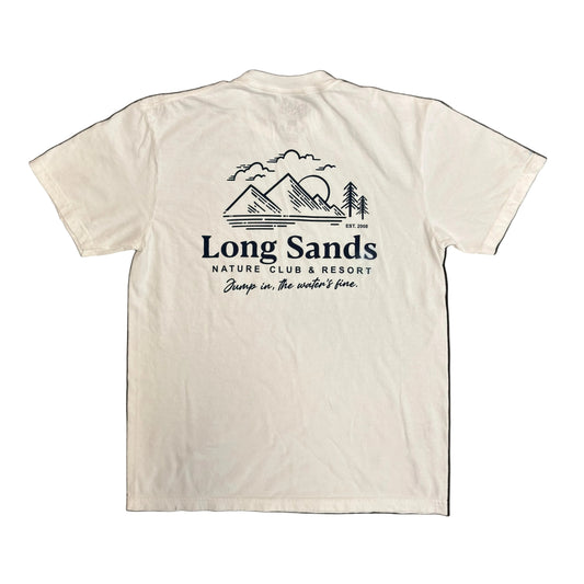 White t-shirt with 'Long Sands Nature Club & Resort' design.
