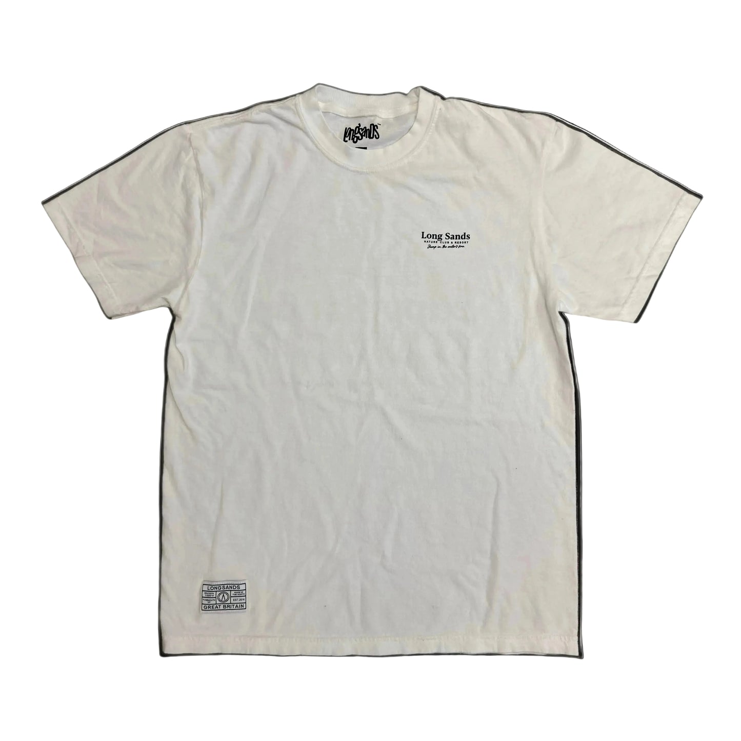 White t-shirt with 'Long Sands Nature Club & Resort' design.