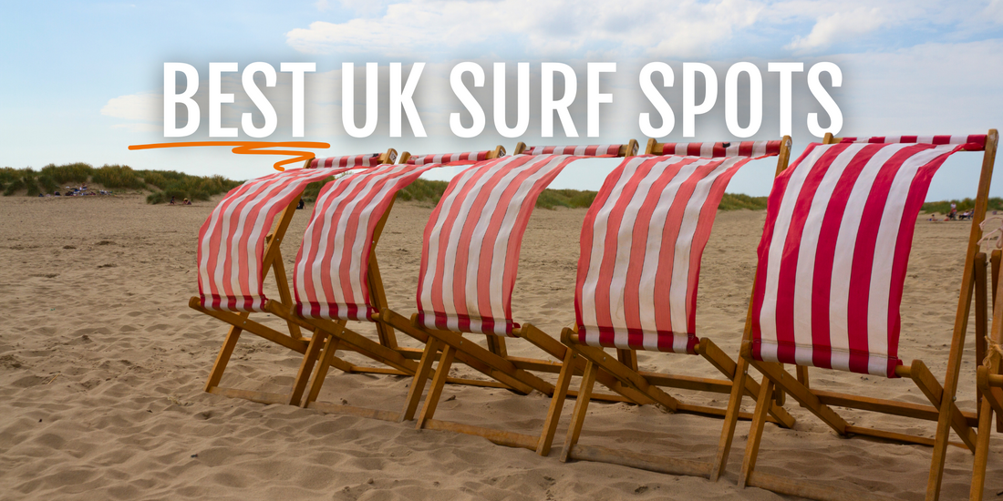 "BEST UK SURF SPOTS" in white allcaps text overlayed on an image of red striped beach chairs on the UK coast