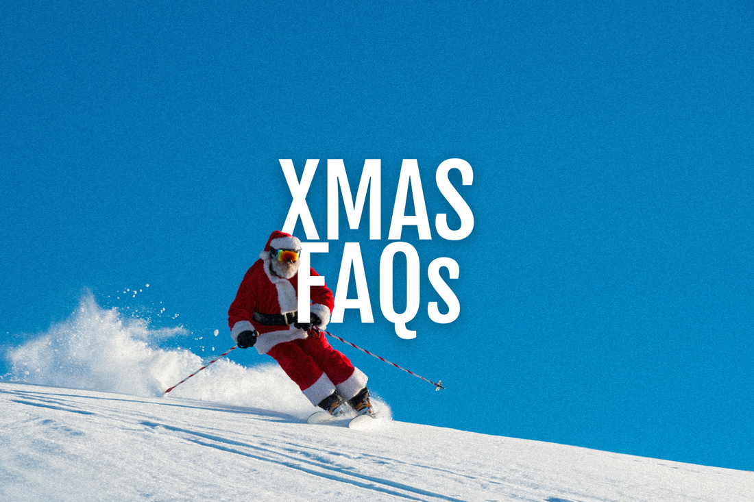 Santa Skiing on the slops, between the title "XMAS FAQs"