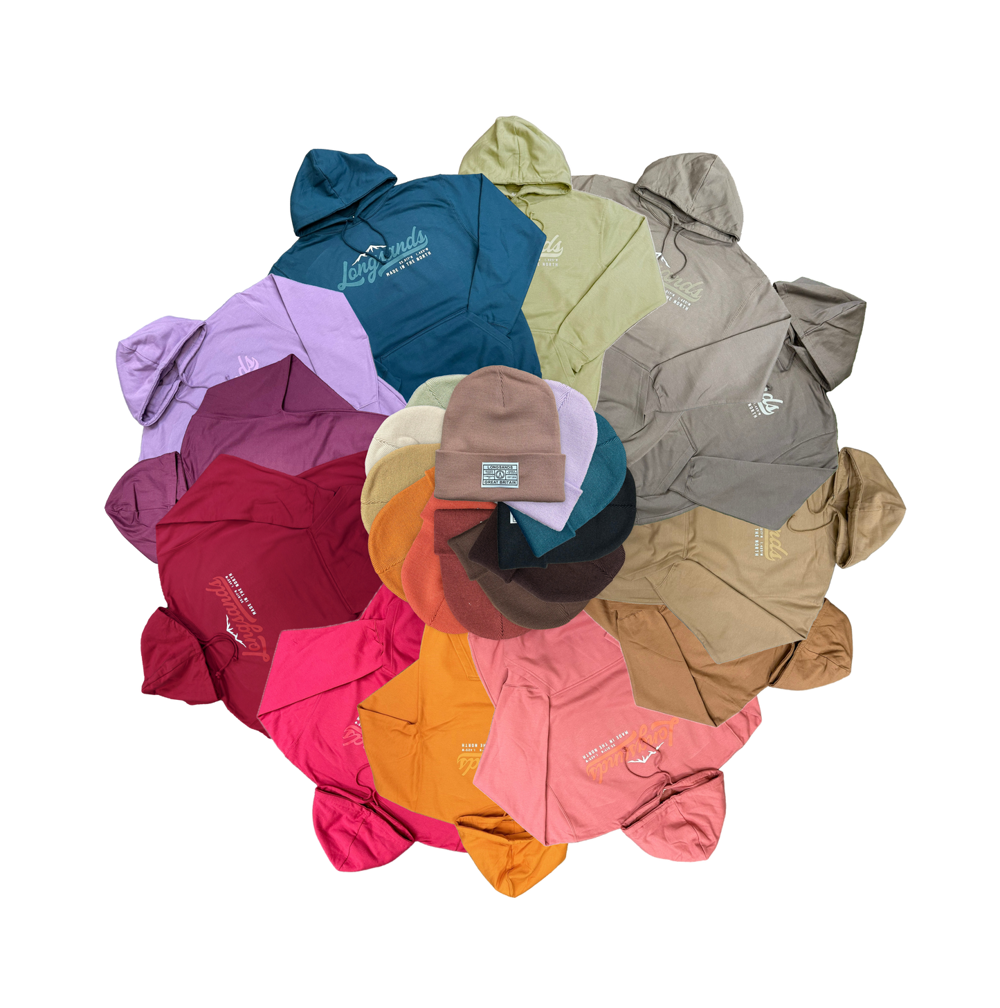 Collection of colourful hoodies and beanies arranged in a circular pattern