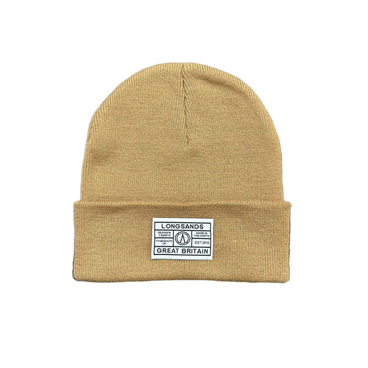 Caramel Biscuit beanie with a label