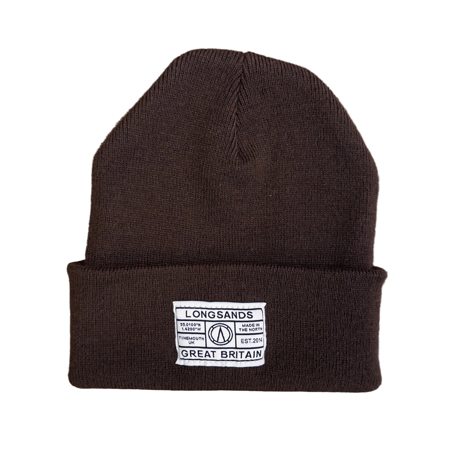 Brown beanie with a label on a white background
