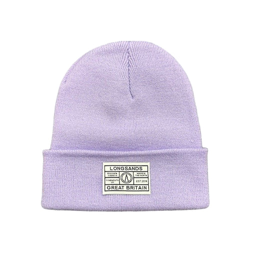 Lavender beanie with a label
