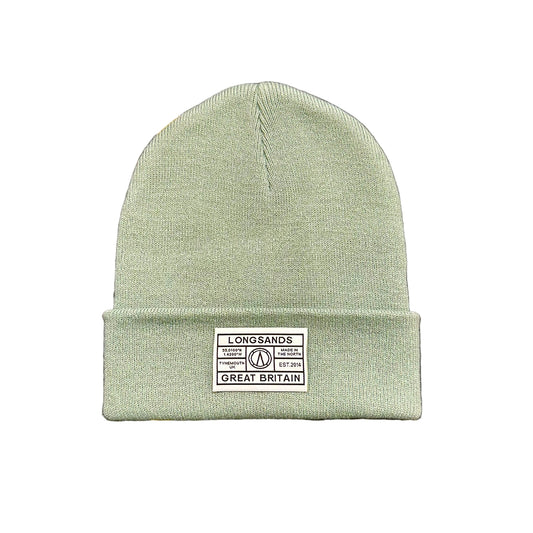Pistachio beanie with a label