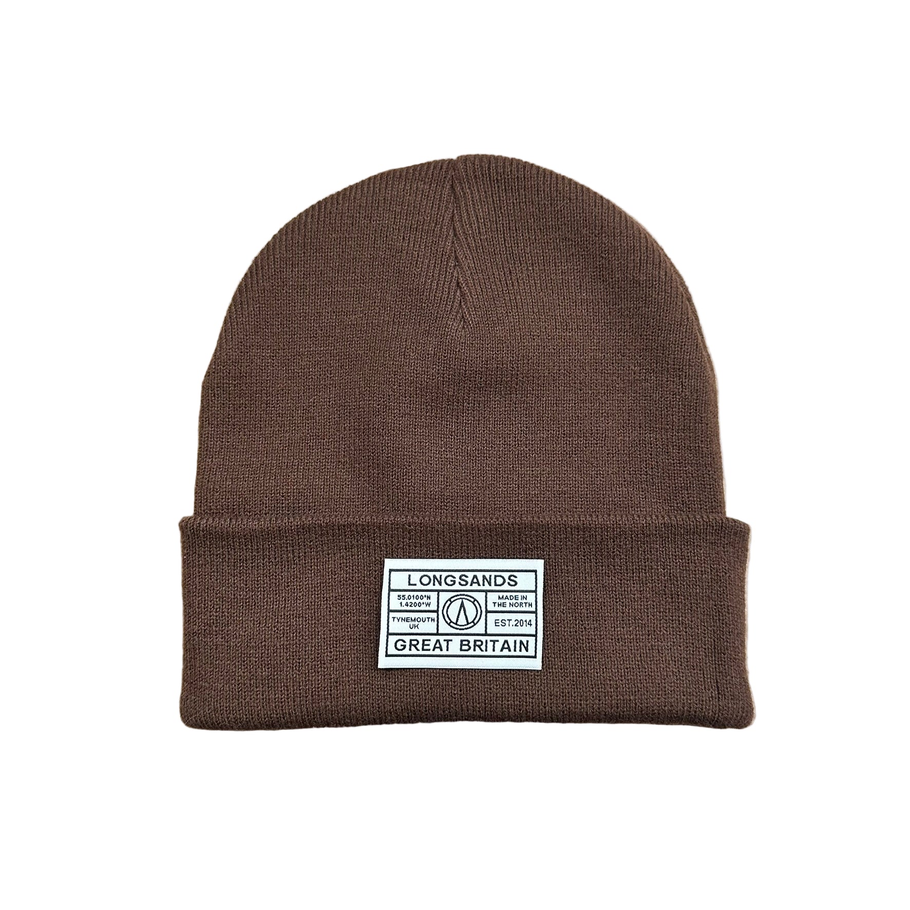 Brown beanie with a label