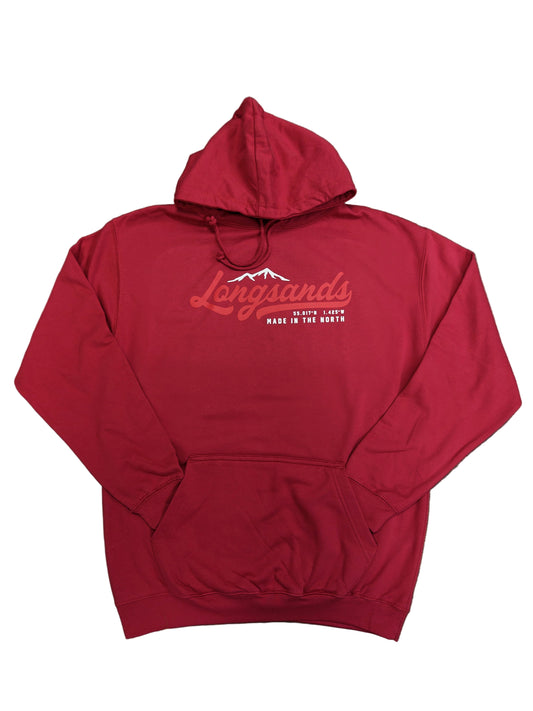 Cranberry hoodie with a "Longsands" logo