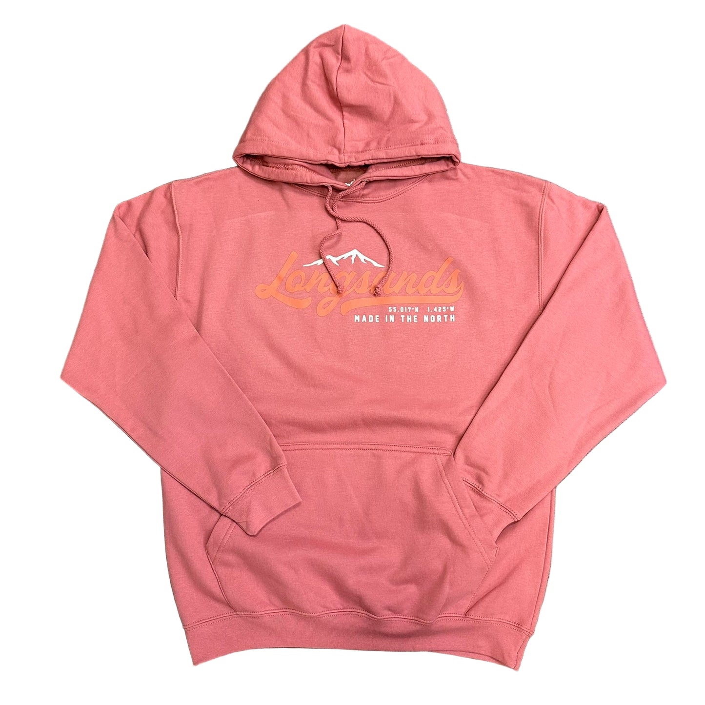 Pink hoodie with text and mountain graphic