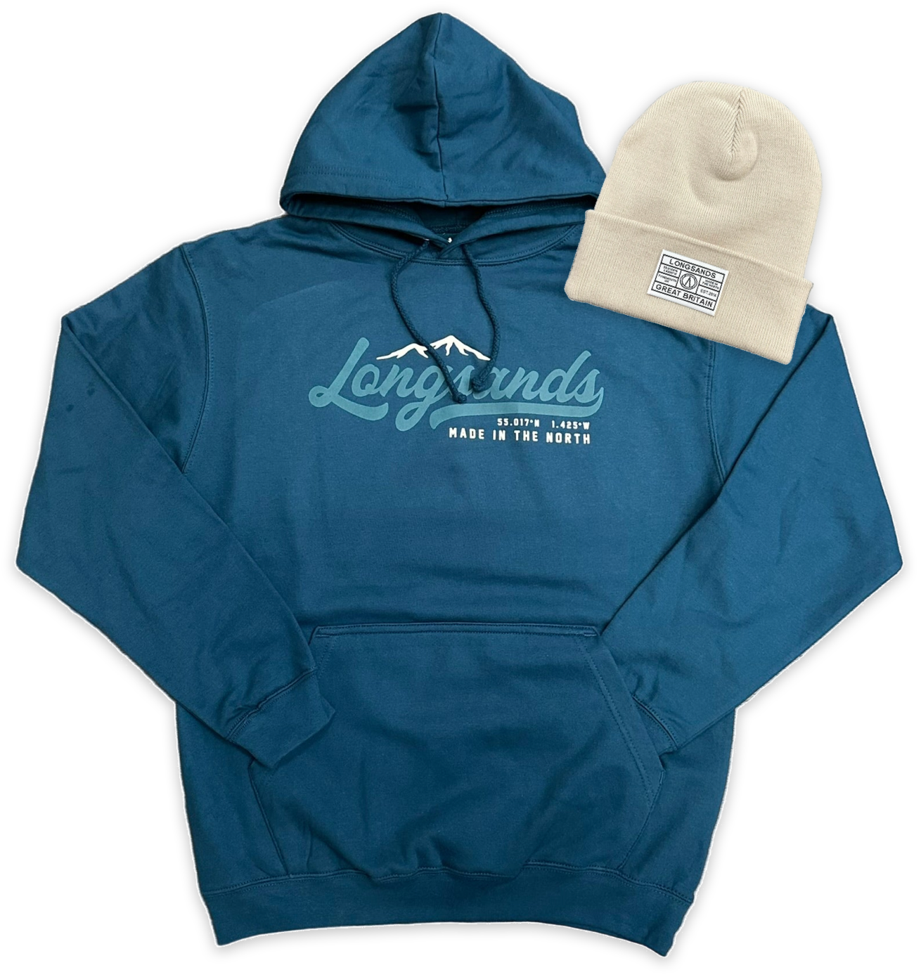 Ink hoodie with 'Longsands' branding and an Almond Mocha beanie