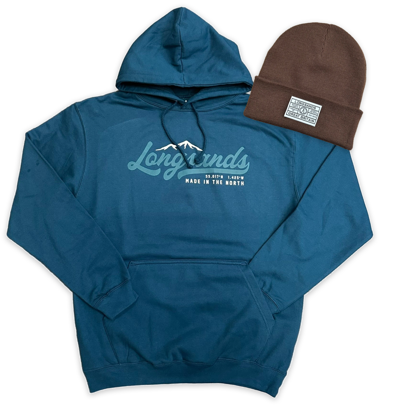 Ink hoodie with 'Longsands' logo and a Burnt Toffee beanie