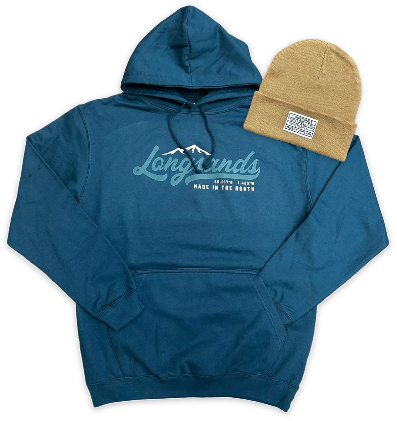 Ink hoodie with 'Longsands' branding and a Caramel Biscuit beanie