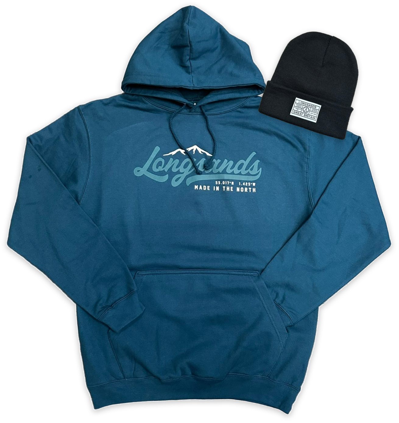 Ink hoodie with 'Longsands' branding and a Carbonite beanie