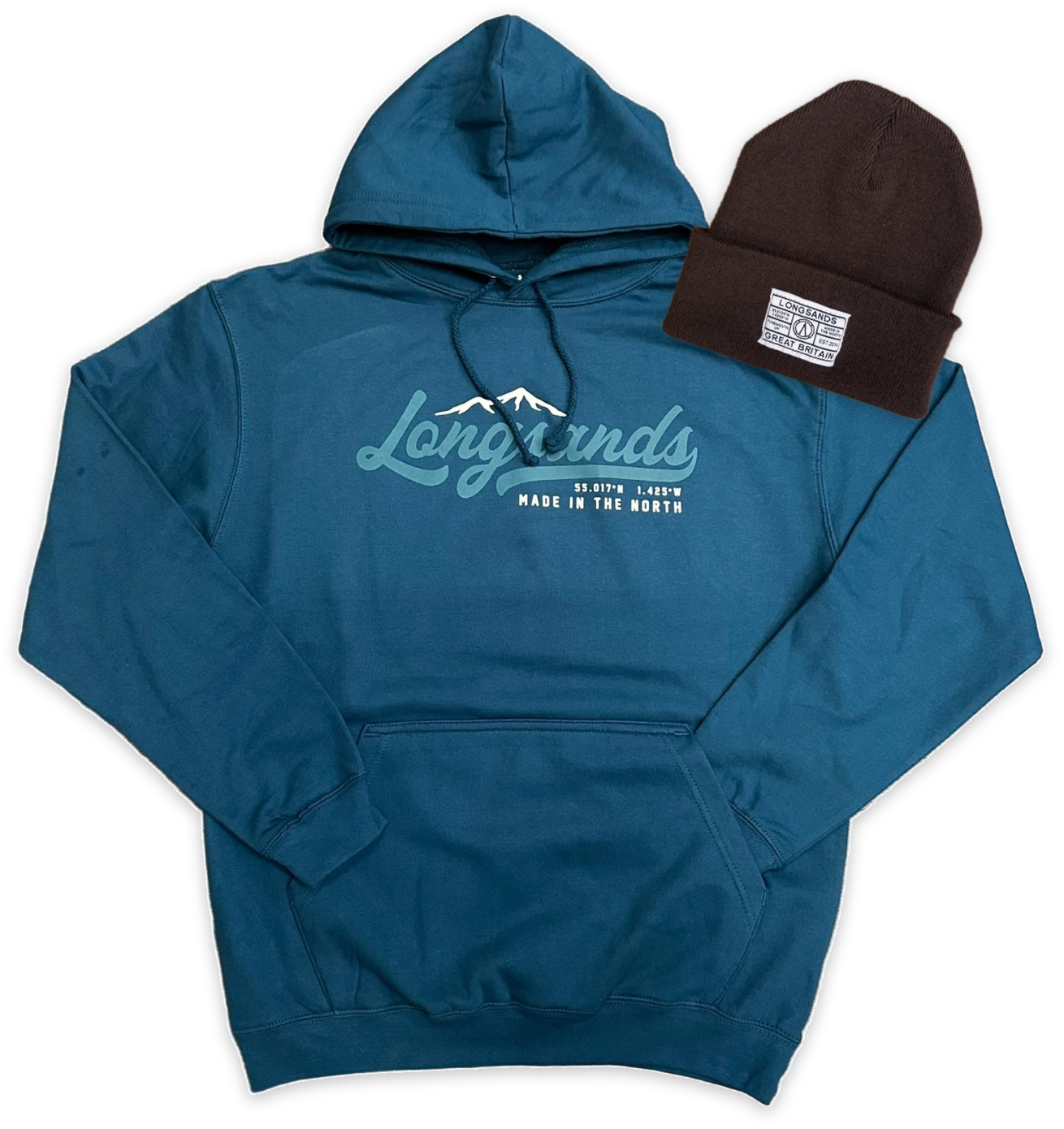Ink hoodie with 'Longsands' branding and a Dark Plum beanie