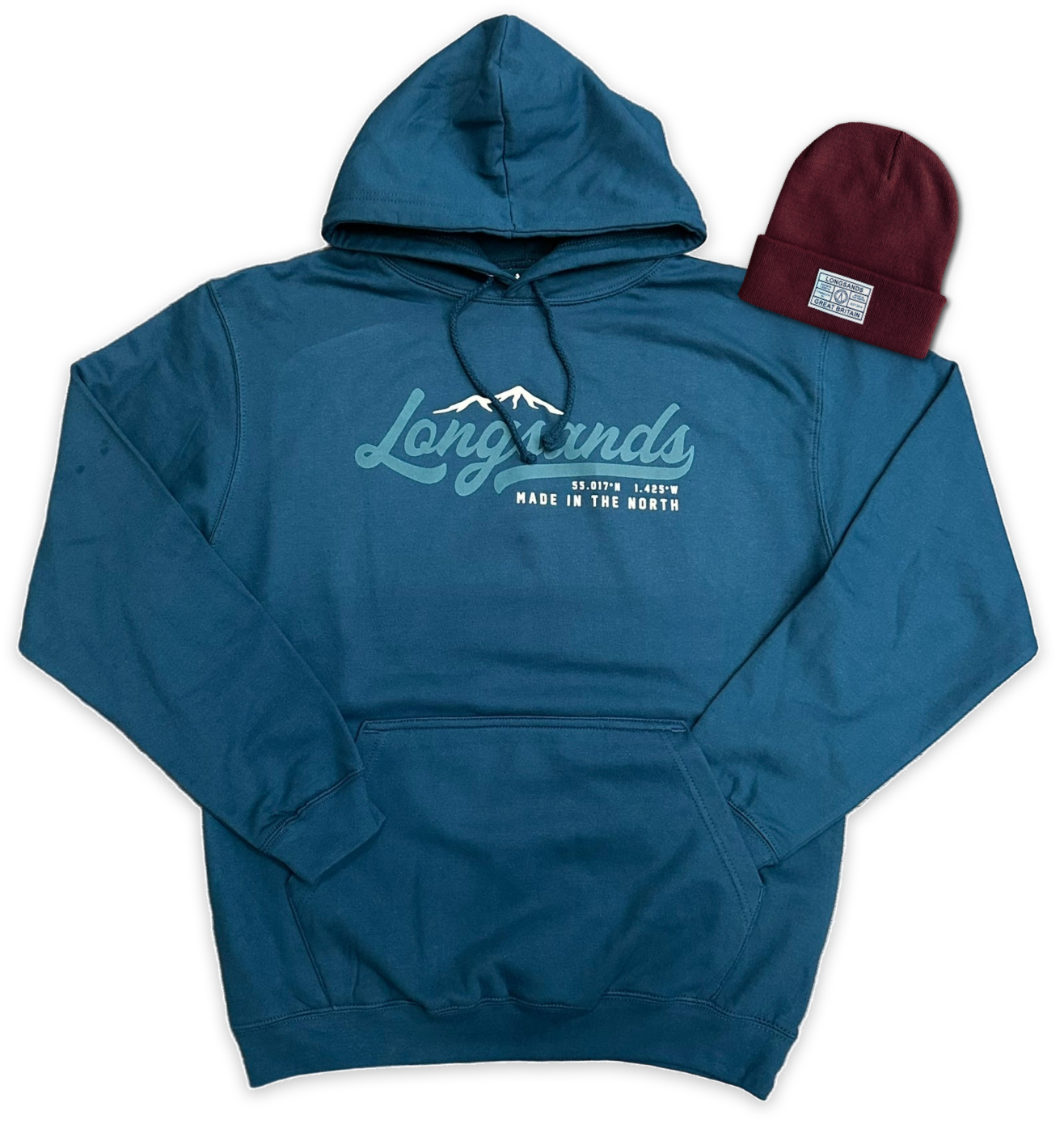Ink hoodie with 'Longsands' branding and a Mulled Cranberry beanie