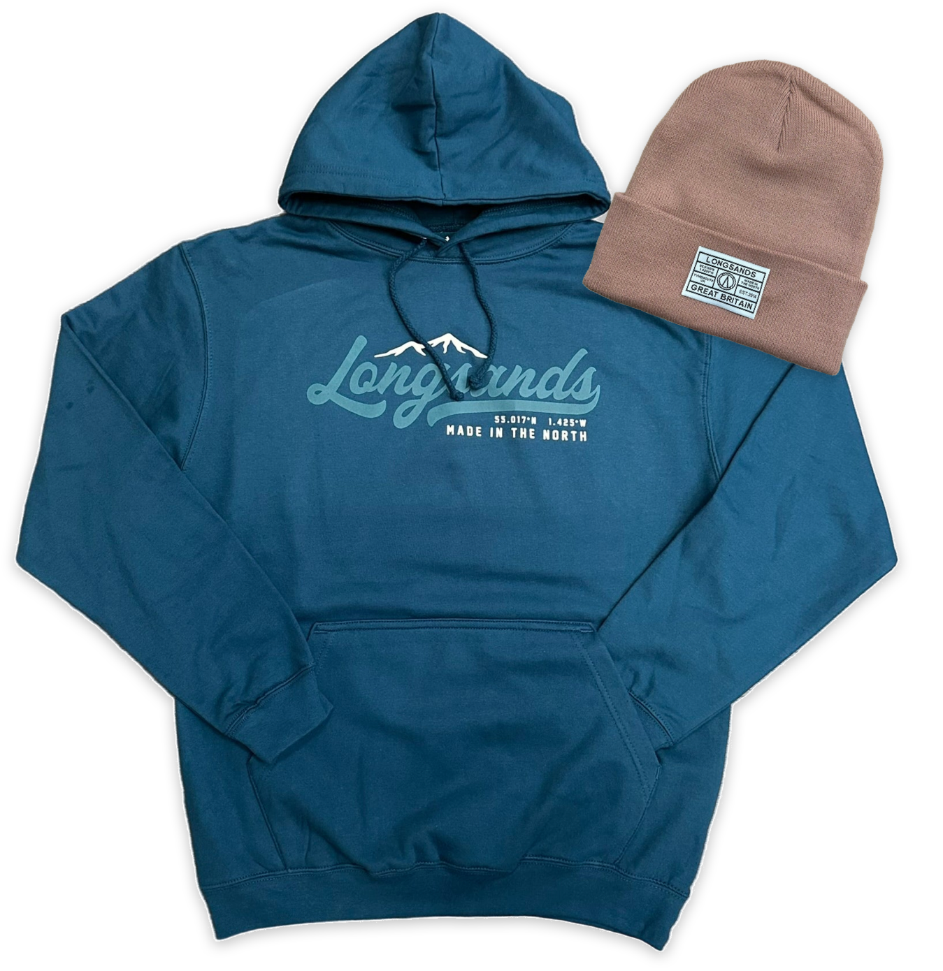 Ink hoodie with 'Longsands' branding and an Old Rose beanie