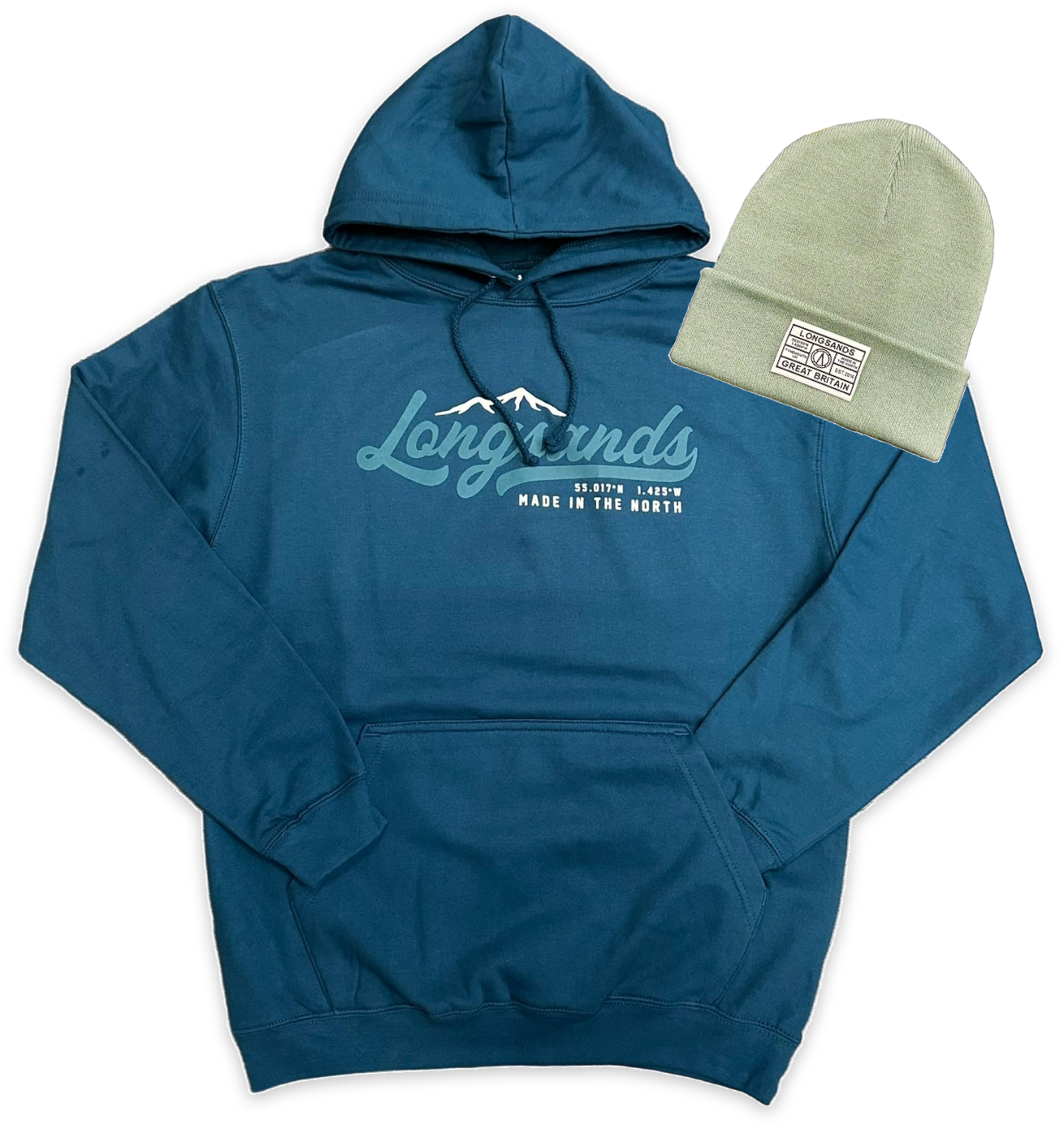 Ink hoodie with 'Longsands' branding and a Pistachio beanie