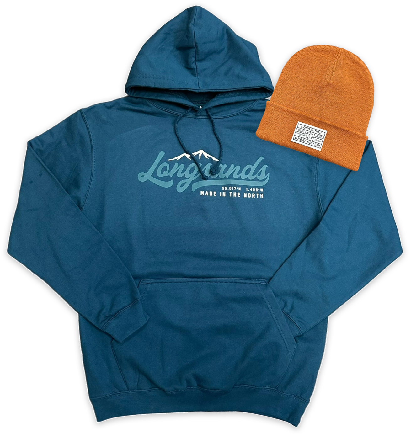 Ink hoodie with 'Longsands' branding and an Pumpkin beanie