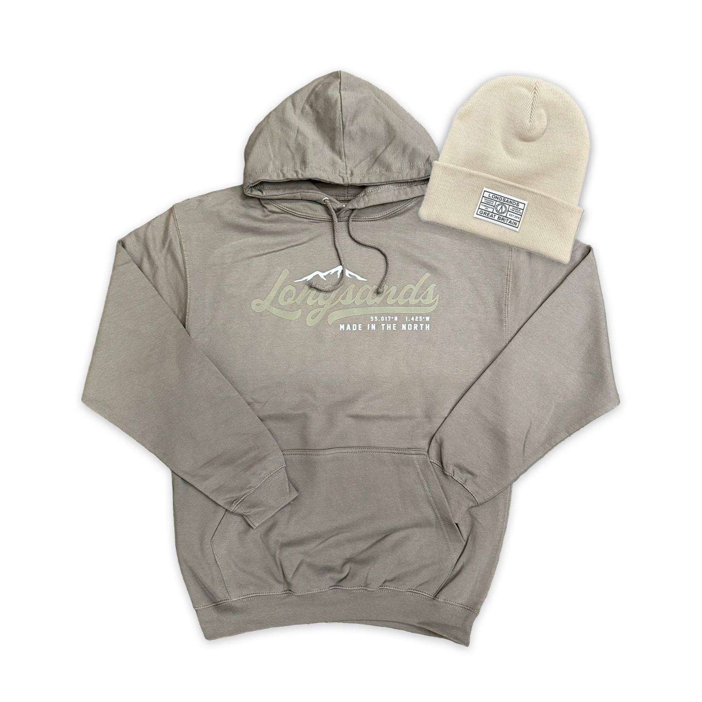 Almond hoodie and beanie with "Longsands" logo