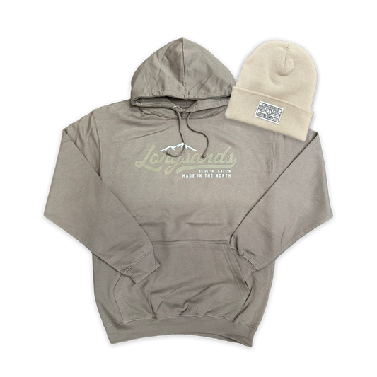 Almond hoodie and beanie with "Longsands" logo