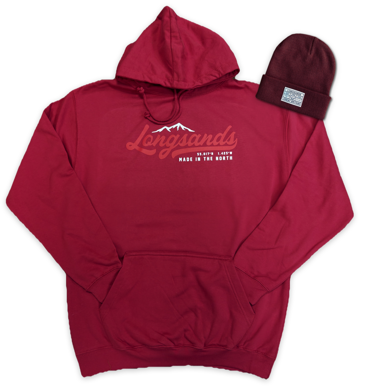 Red hoodie with 'Longsands' logo and matching beanie
