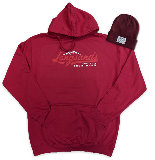 Red hoodie with 'Longsands' logo and matching beanie