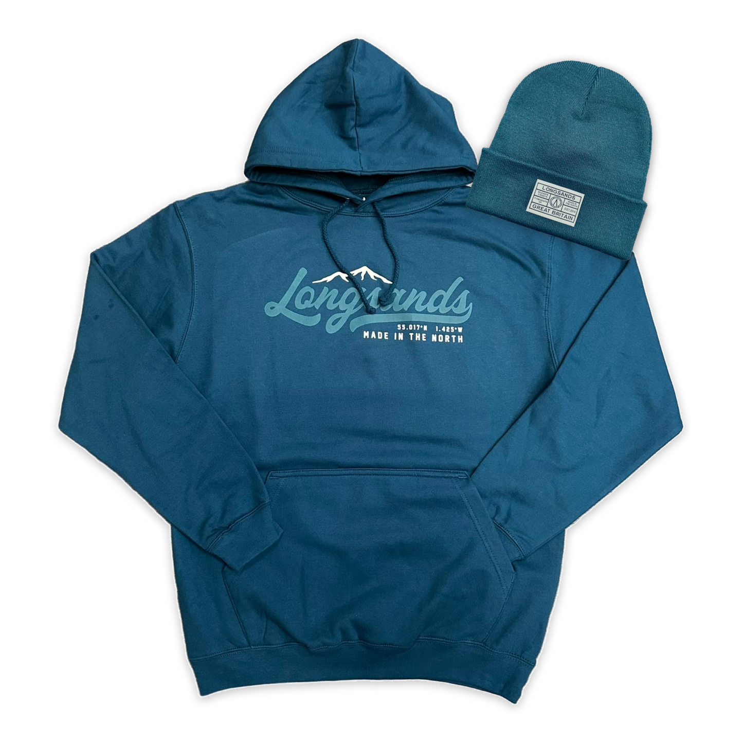 Ink hoodie and matching beanie with 'Longsands' branding