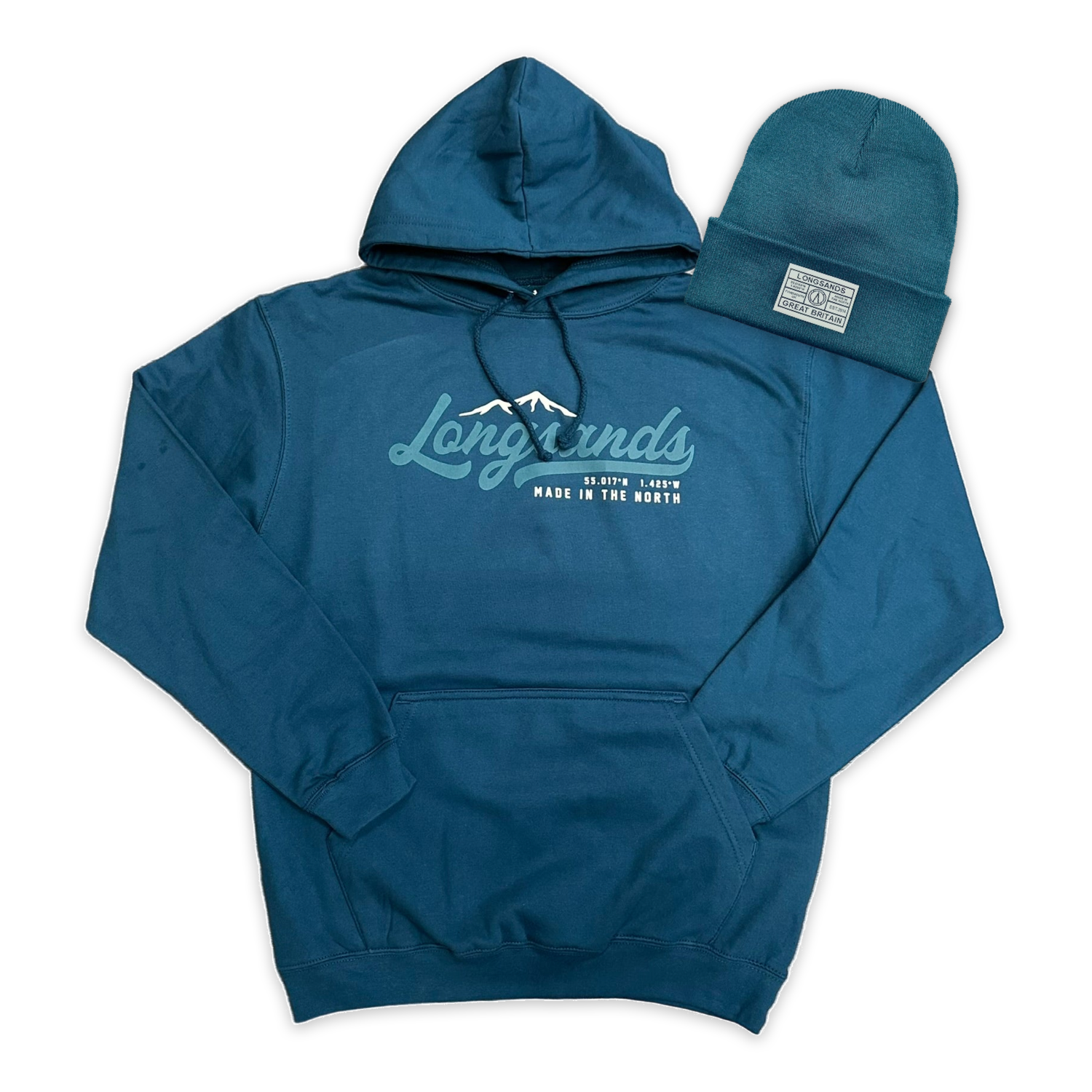 Ink hoodie and matching beanie with 'Longsands' branding
