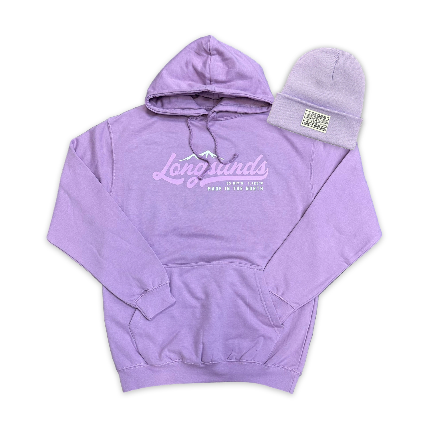 Lavender hoodie and beanie set with 'Longsands' branding