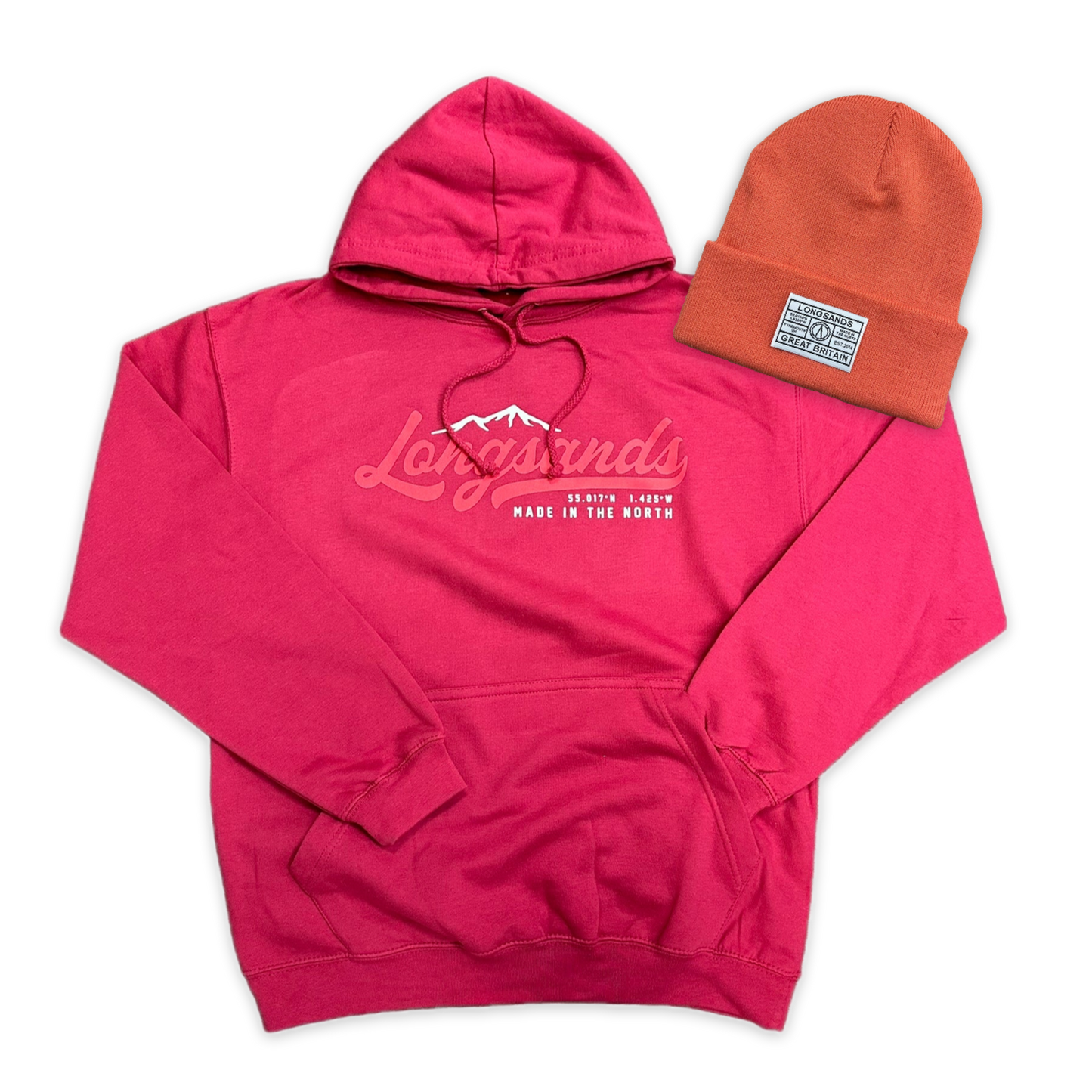 Lipstick hoodie and Coral Lipstick beanie with "Longsands" logo