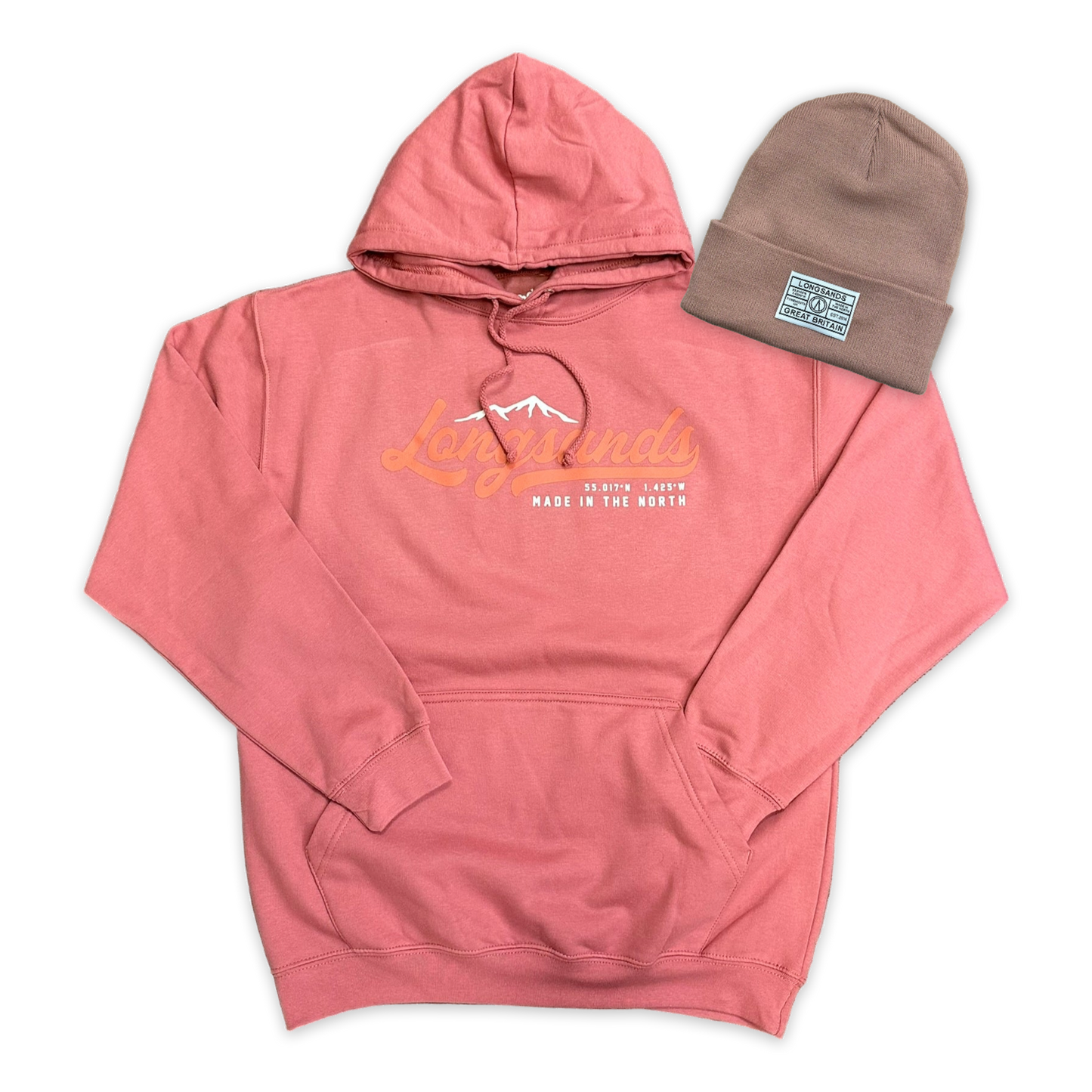 Rose hoodie with a logo and text, paired with a brown beanie