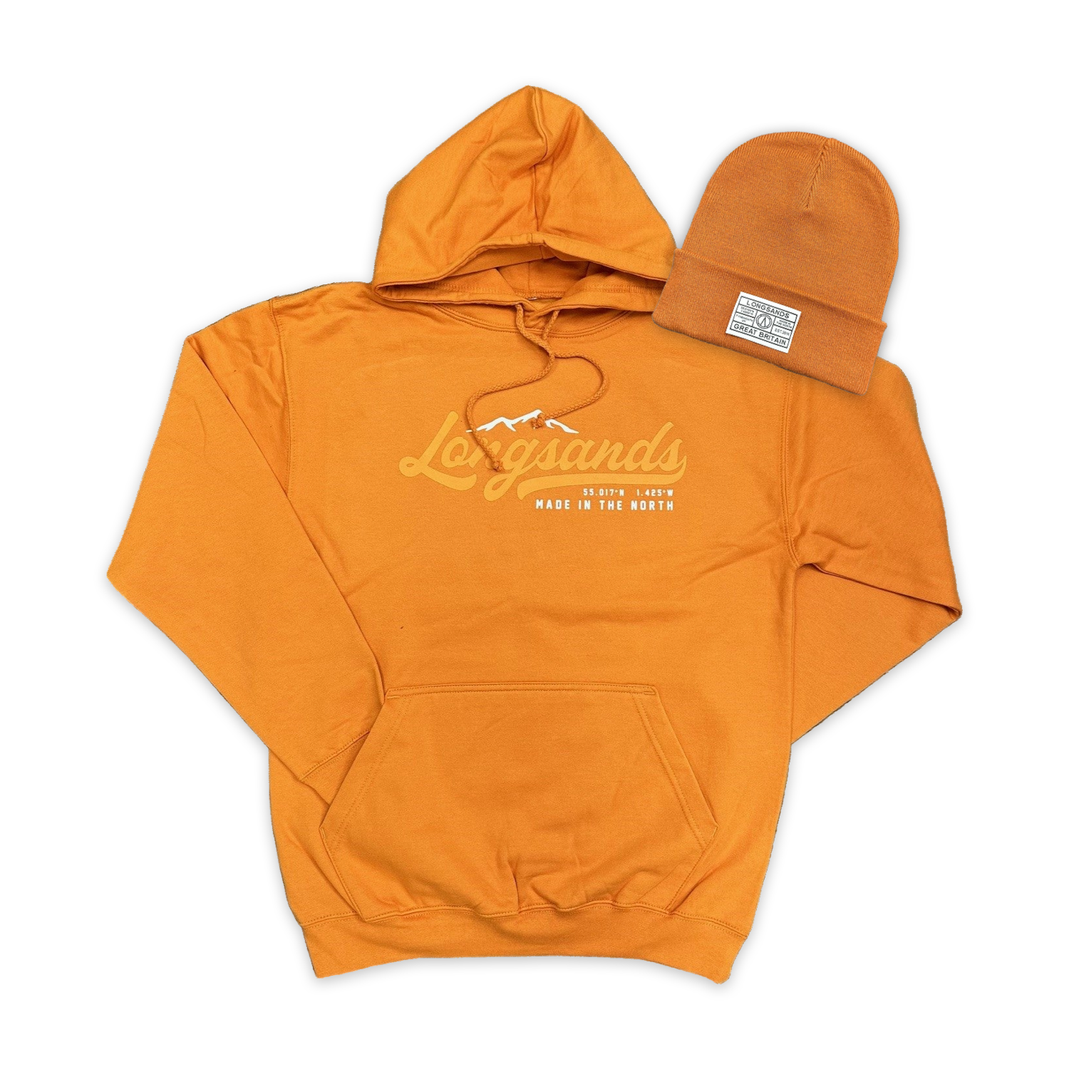 Pumpkin hoodie and beanie set with 'Longsands' branding