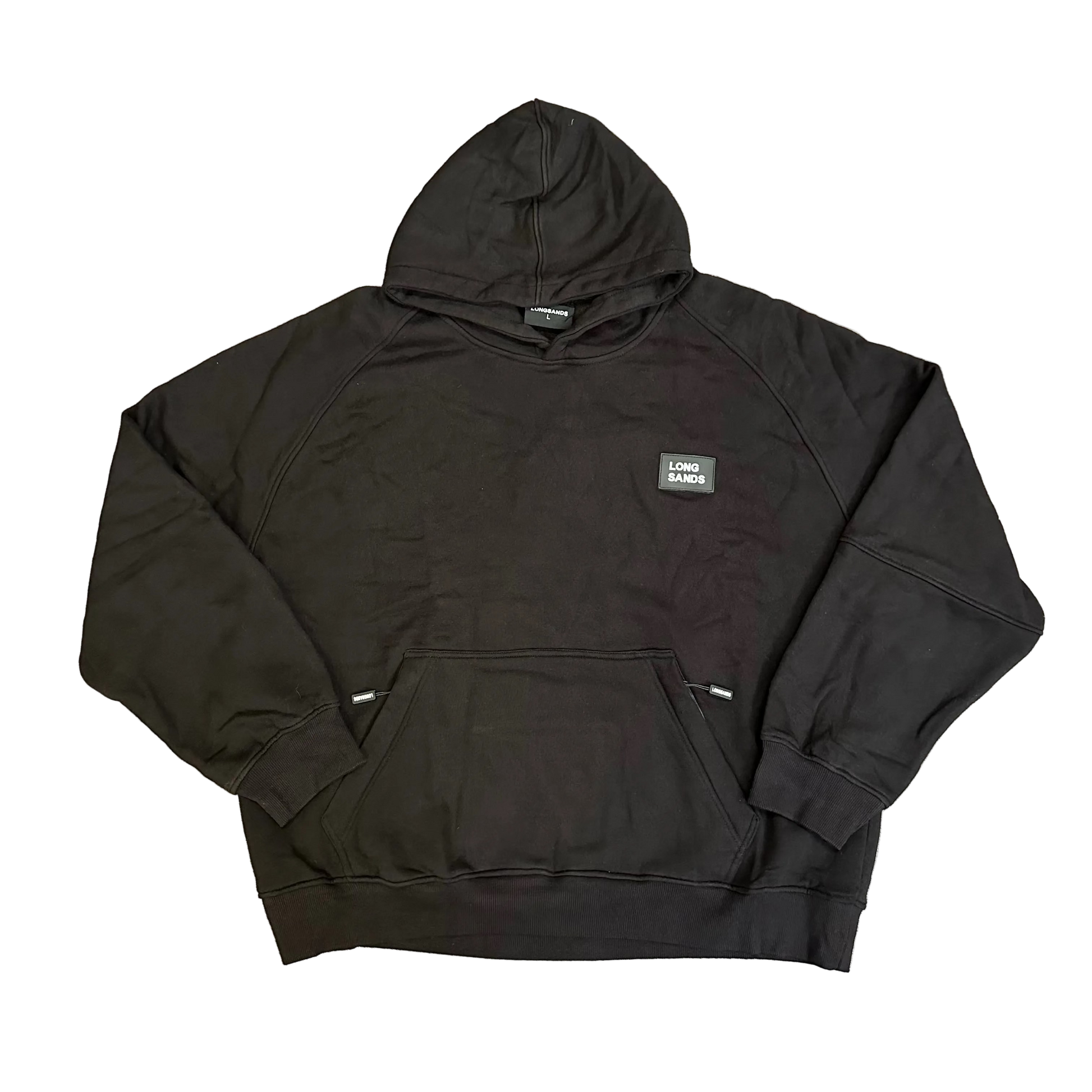 Black hoodie with a logo on a wooden floor