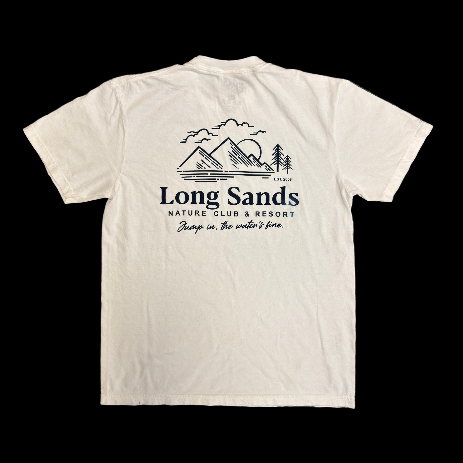 White t-shirt with 'Long Sands Nature Club & Resort' design.