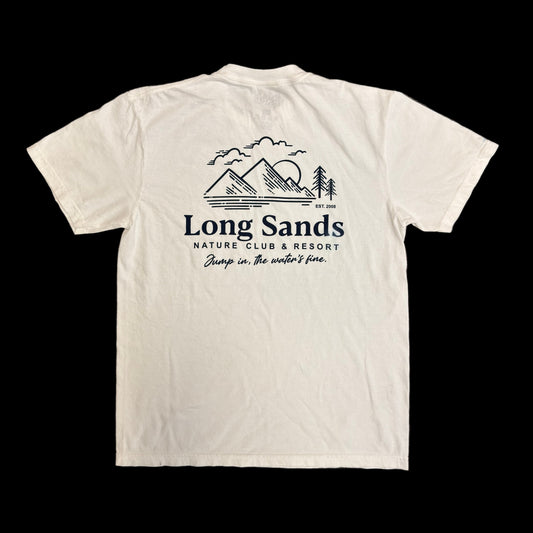 White t-shirt with 'Long Sands Nature Club & Resort' design.