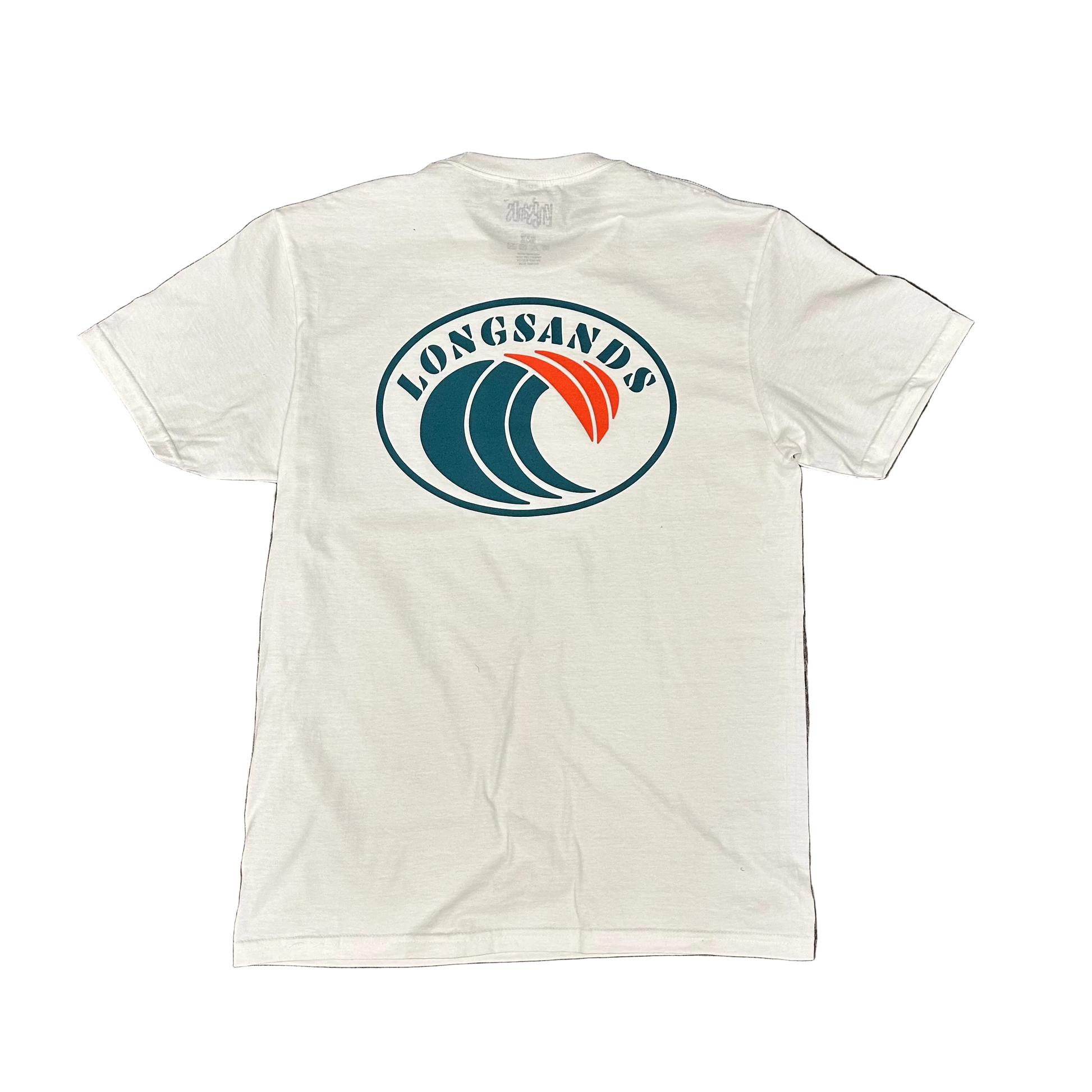 White t-shirt with 'Longsands' logo and a blue and red wave design.