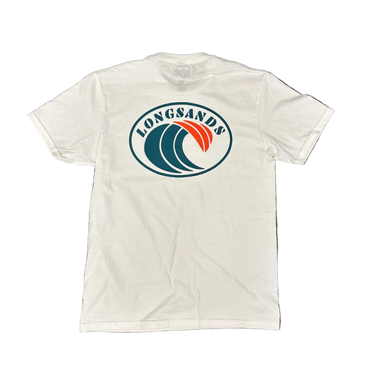 White t-shirt with 'Longsands' logo and a blue and red wave design.