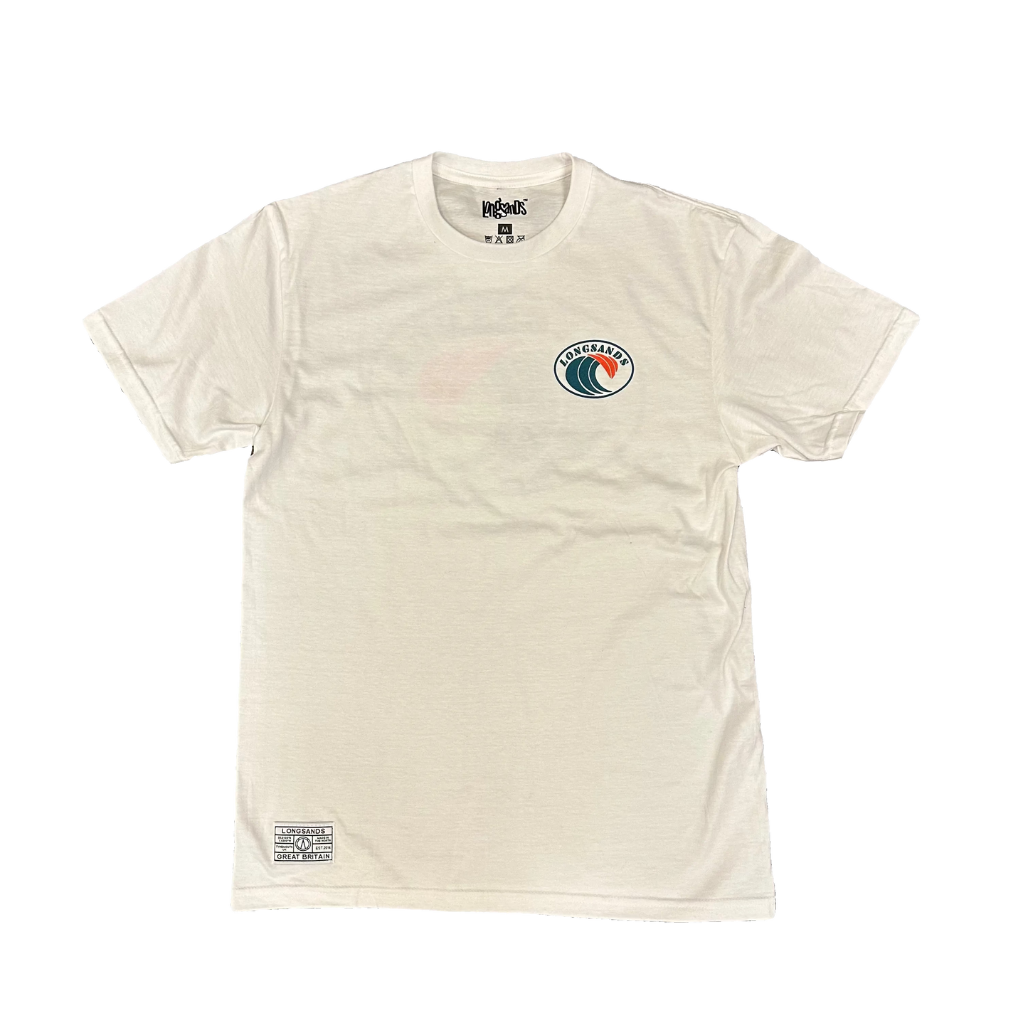 White t-shirt with 'Longsands' logo and a blue and red wave design on the left chest.