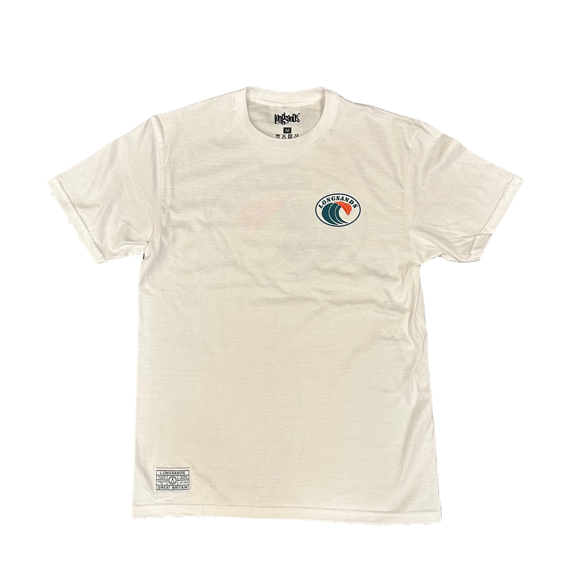 White t-shirt with 'Longsands' logo and a blue and red wave design on the left chest.