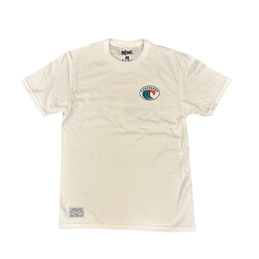White t-shirt with 'Longsands' logo and a blue and red wave design on the left chest.