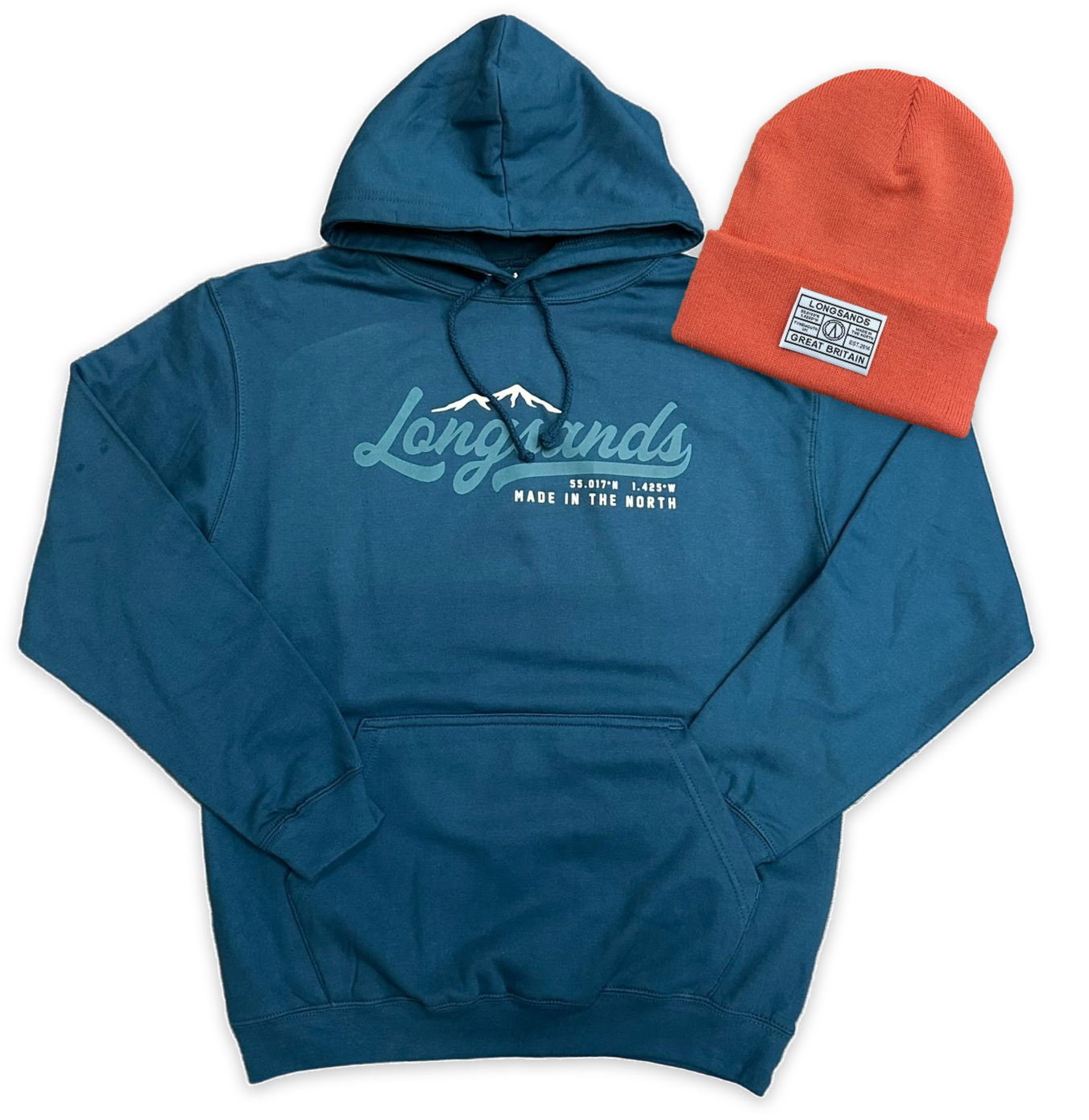 Ink hoodie with 'Longsands' logo and a coral beanie
